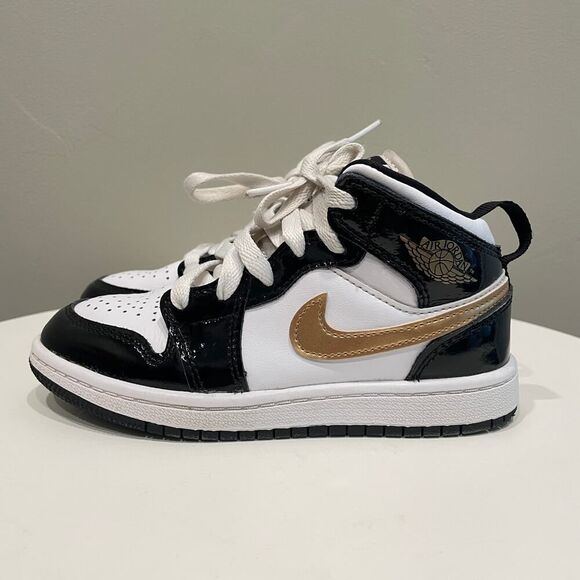 Nike Air Jordan 1 Mid Patent Black White Gold Boy Shoes - Size: 12C - Picture 3 of 9